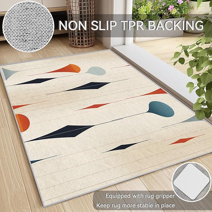 Mid Century Rugs for Living Room 5x7, Retro 50s Geometric Abstract Modern Pattern Design Area Rug, Mid Century Bedroom Decor Carpet, Non Slip, Washable (RG418)