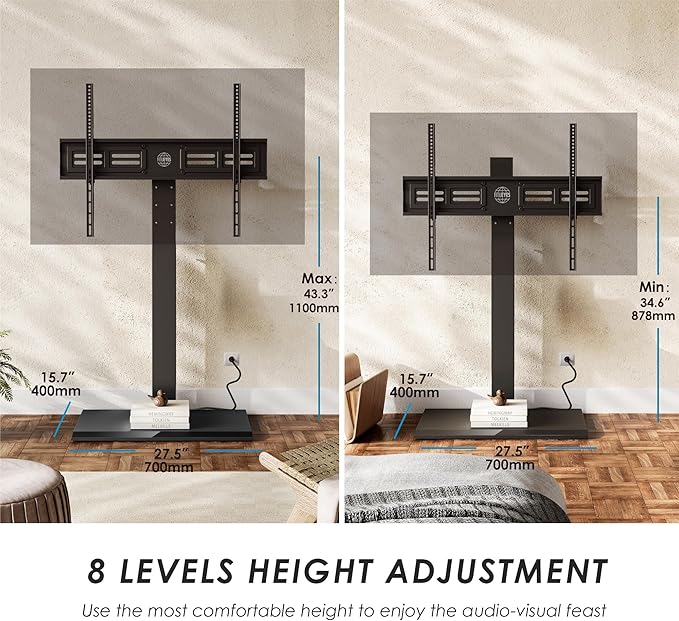 FITUEYES Iron Base Floor TV Stand with Power Strip, Tall TV Stand with Swivel Mount for 50-85 Inch Plasma Flat Panel or Curved Screen TVs Height Adjustable Wire Management(White,with Power Outlet)