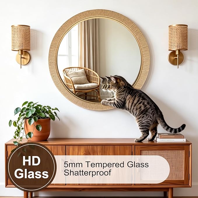 30"x30" inch Large Round Rattan Mirror for Wall, Boho Decorative Wicker Mirror Waterproof Synthetic Rattan Frame, for Bathroom, Bedroom, Living Room, Entryway