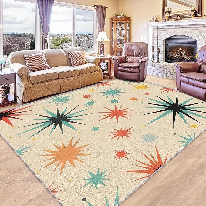 Retro Atomic Rug 5x7, Washable Mid Century Modern Rugs for Living Room Bedroom, Contemporary Geometric Area Rug for Home Decor, Non Slip Backing Floor Carpet with Gripper - 5 x 7 ft