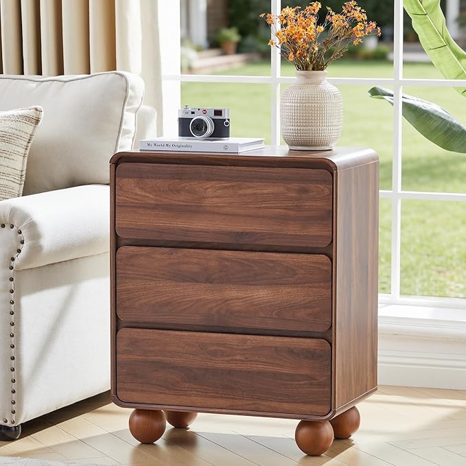 AVZEAR Modern 3 Drawer Dresser for Bedroom, Wooden Dresser Chest of Drawers, Handle Free & Curved Profile Design, Mid Century 3 Drawer Nightstand for Living Room, Walnut