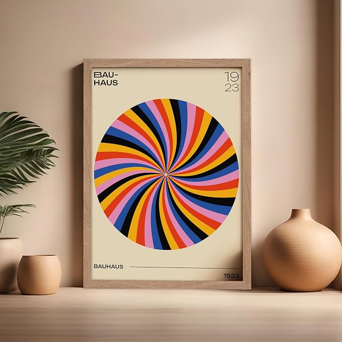 Poster Master Bauhaus Poster - Spiral Colors Print - Geometric ART - Abstract ART - Psychedelic Style - Chic Boho - Mid Century Modern - Living Room or Bedroom Decor - 16x20 Beige Framed