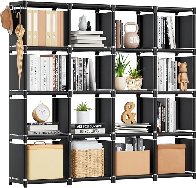Mavivegue Bookshelf,16 Cube Storage Organizer,Book Shelf Organizer,Tall Bookcase,Black Cube Shelf Cubbies Closet Storage Shelves for Bedroom,Living Room,Home,Office, 16-Grid