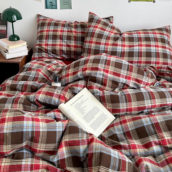 VM VOUGEMARKET Buffalo Gingham Duvet Cover Set Queen,3 Pieces Washed Cotton Bedding Set,Breathable Luxury Plaid Duvet Cover with Zipper Closure for Girls (Red&Brown)