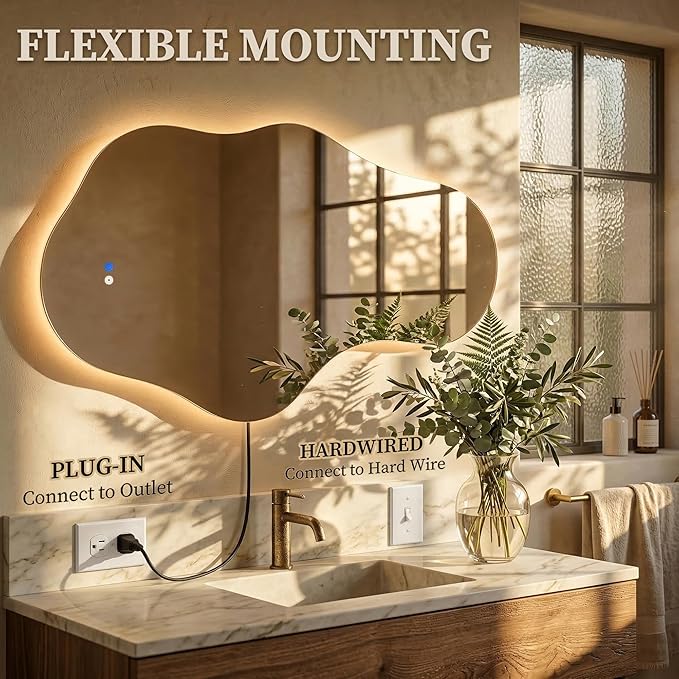 Irregular LED Bathroom Mirror with Lights, Backlit Vanity Mirror for Wall, Asymmetrical Wall Mirror, 3 Color Dimmable Anti-Fog Smart, Decorative Mirror for Bathroom, Entryway(24″ x 40″, 2 Pack)