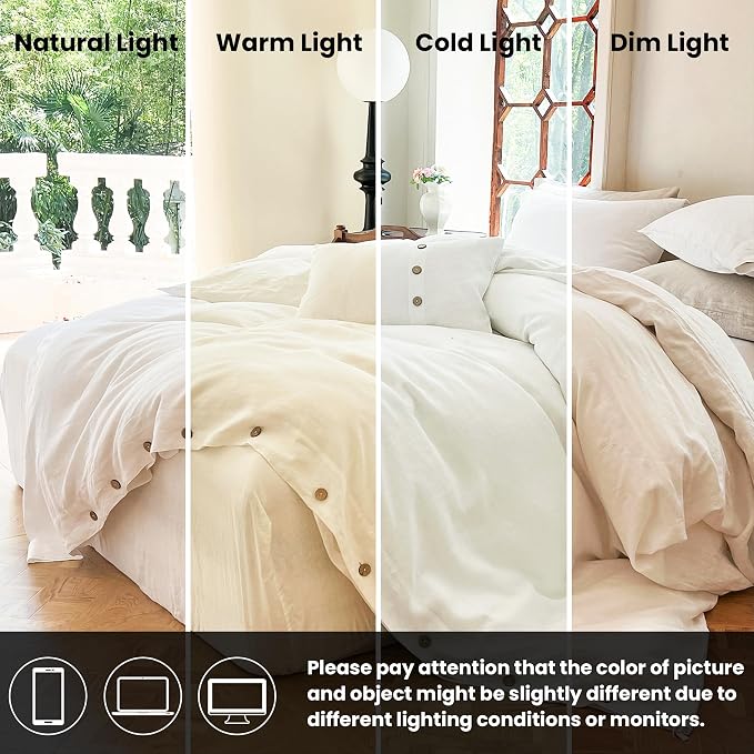 Simple&Opulence 100% Linen Duvet Cover Set 3pcs with Coconut Button Closure Natural French Washed Flax Solid Color Soft Breathable Farmhouse Bedding - White, Full Size