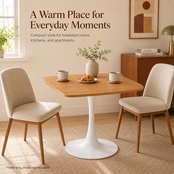 31.5 Inch Oak Square Dining Table for 2-4, Mid-Century Modern Tulip Table with White Metal Pedestal Base, 0.71 Inch MDF Top for Small Space, Apartment, Kitchen, Breakfast Nook & Office