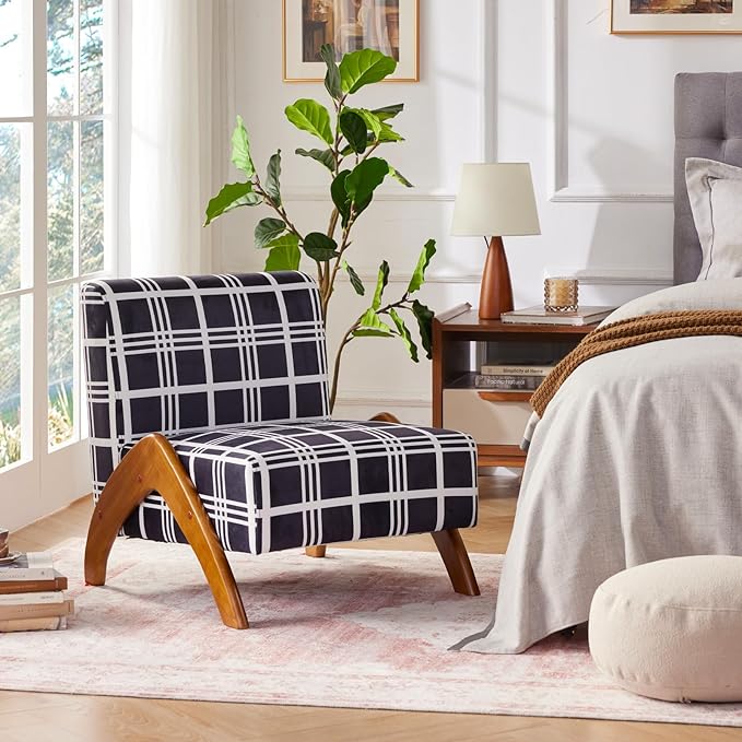 Oversized Accent Chair, upholstered armless mid Century Modern Living Room Chair with Wooden Legs for Bedroom/Office/Cafe, Plaid Black