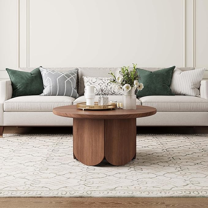 31.5” Round Small Coffee Table - Premium Wood Modern Center Tables with Petal-Shaped Base for Living Room, Apartment & Small Space, Easy Assembly