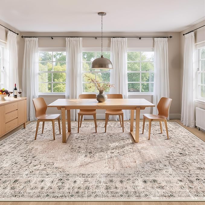 Area Rug 9x12 Vintage Rug: Large Washable Indoor Medallion Rugs Low Pile Distressed Floor Carpet Retro Accent Rug for Living Room Bedroom Kitchen Dining Table Home Office(Distressed Brown, 9'x12')