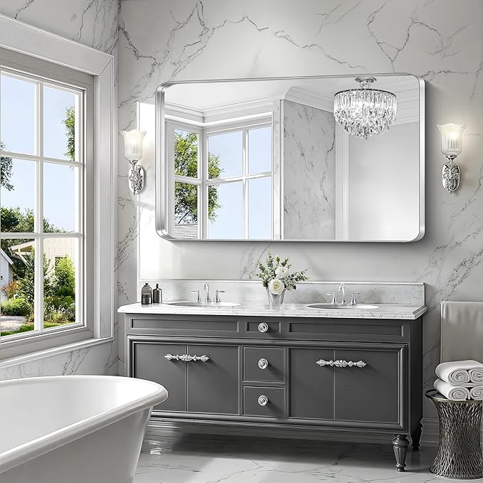 CIRCUMI Silver Bathroom Mirror, 36"x60" Rectangular Mirror with Deep Metal Frame, Rounded Corner, Tempered Glass, Large Mirror for Wall, Over 2 Sinks, Installed Vertically/Horizontally, Crystal-Clear