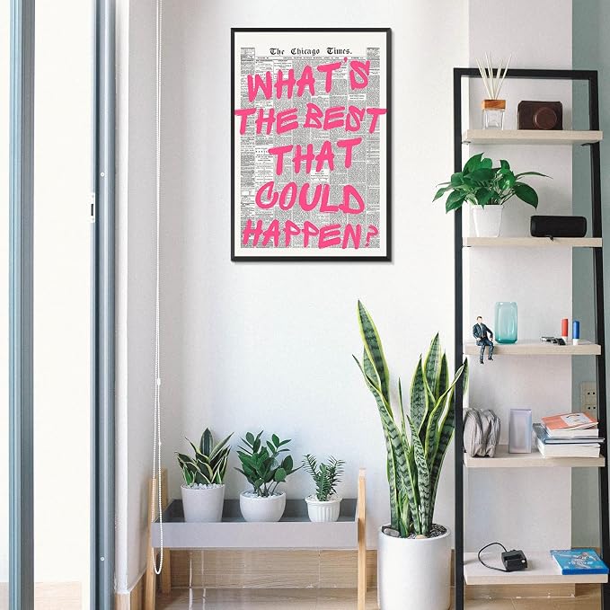 Whats The Best That Could Happen Wall Art Retro Newspaper Pink Font Canvas Posters Positive Affirming Quote Minimalist Prints Painting For Home Bedroom Dorm Wall Decor Aesthetics 12x16in Wrapped Canvas
