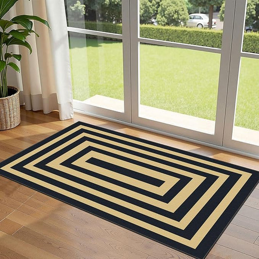 Front Door Mat Indoor Entrance - 2x4.3 Ft Modern Washable Layered Doormat Outdoor Entrance Porch Rug Non-Slip Black Tan Geometric Border Runner Rug for Kitchen Bedroom Laundry Room Porch Decor