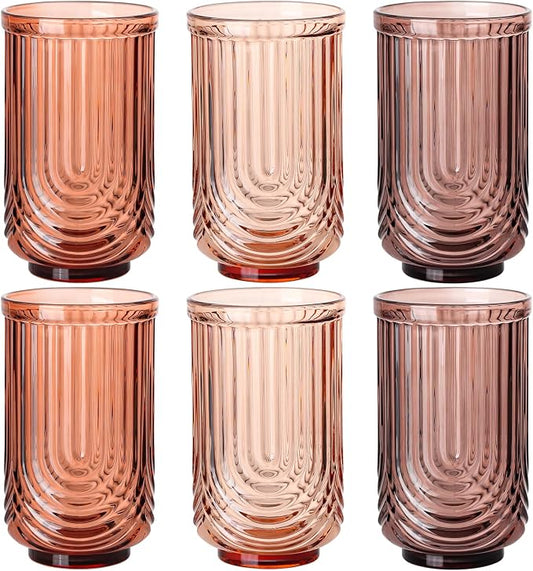 Venus Vintage Drinking Glasses Set of 6-17oz Hand-Blown Highball Ribbed Glassware, Arch Design Cocktail Glasses for Whiskey Water Beverages Ice Coffee Juice Milk