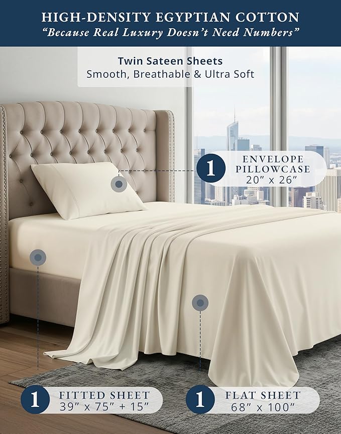 LANE LINEN 100% Egyptian Cotton Twin Bed Sheets, Eco Friendly No Pill Naturally Cooling Sheets, Soft & Comfy Sateen Weave for Silky Smooth Finish, Available in Variety of Color - Ivory