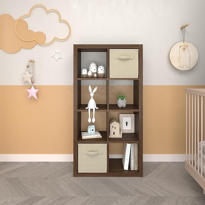 Bookshelf Cube Storage Organizer, 8-Cube Shelf Bookcase with Storage Bin, Modern Wood Open Shelf for Living Room, Bedroom, Home Office, Classic Oak