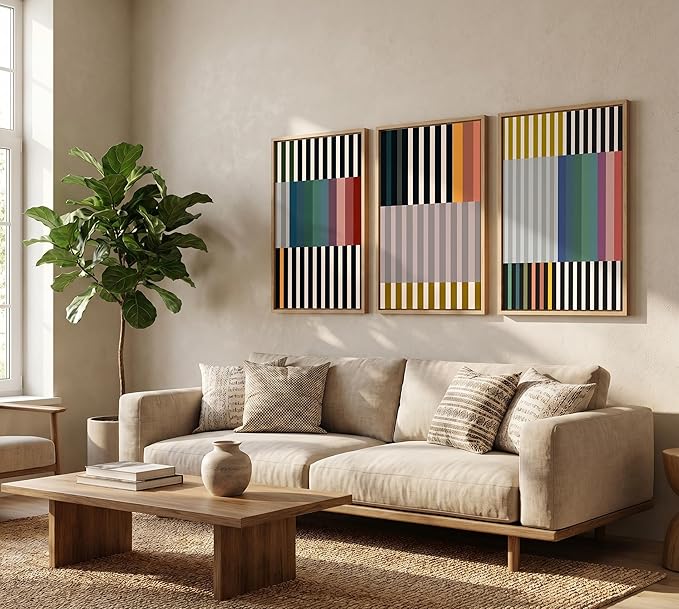3pcs Abstract Stripes Canvas Wall Art Colorful Mid Century Modern Posters Prints Simple Line Wall Decor Pictures for Living Bedroom office Home Decoration Unframed