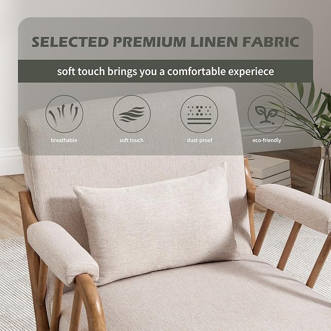 INZOY Mid Century Modern Accent Chair with Wood Frame, Upholstered Reading Armchair with Soft Linen Fabric, Accent Chair for Living Room Bedroom Apartment, Easy Assembly, Beige