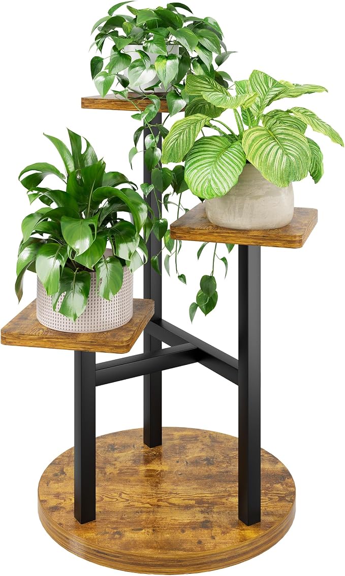 3 Tier Wood Plant Stand Indoor Outdoor, Wood Tall Plant Rack, Heavy Duty Wrought Iron Flower Pot Stand, Planter Display Rack for Living Room Balcony Garden Patio - BlackSquare