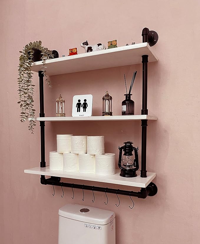 ROGMARS Industrial Pipe Shelving Floating Shelves with Towel Rack,3 Tier 30 inch Retro White Rustic Bathroom Shelves Farmhouse Pipe Wall Shelves for Kitchen Storage,Living Room