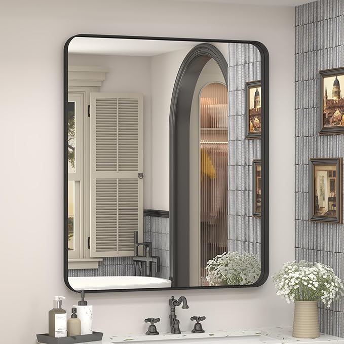 24x28 Inch Black Metal Framed Bathrrom Mirror for Wall, Matte Black Rectabgle Mirror, Shatterproof, Anti-Rust, Horizontally or Vertically Mounted