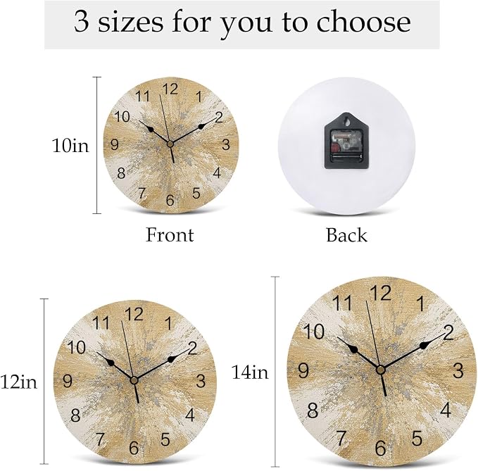 Yellow Round Wall Clocks 12 Inch Abstract Yellow Sunburst Vignette Splatter Style Industrial Silent Non-Ticking Battery Operated PVC Clock for Wall Home Decor Kitchen Living Room Bedroom Office