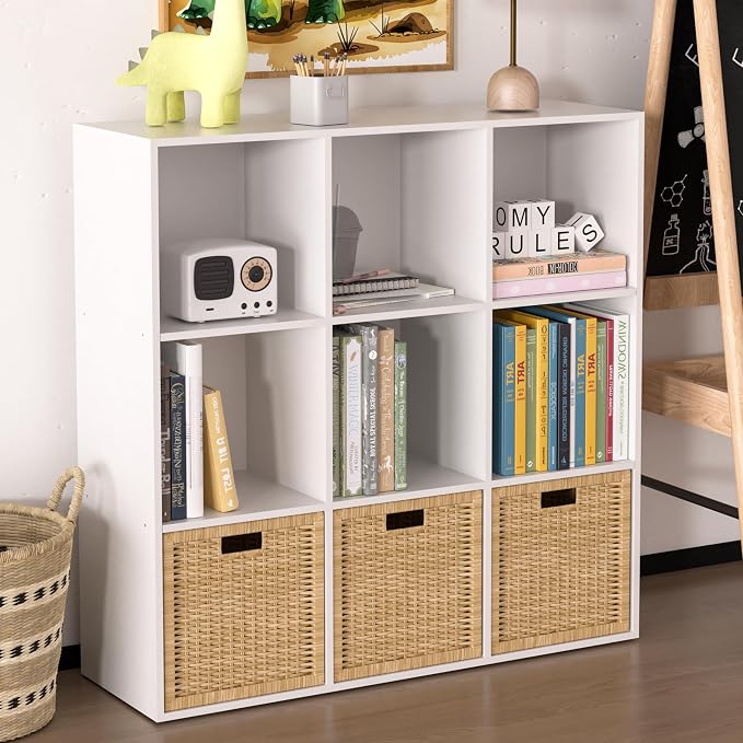 Wooden 9 Cube Storage Organizer with Closed Back Panel,White Cube Shelf Cubby Storage Organizer with Compartments for Living,Bookshelf, Easy to Install (White, 9 Cube-13in)