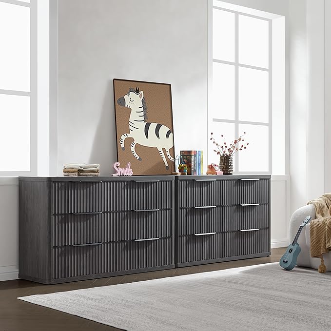 SICOTAS Dresser for Bedroom 53.5" Wide 6 Drawer Dressers & Chests of Drawers for Closet Long Large Modern TV Stand Set for Clothes Storage Fluted Clothes Closet for Hallway Entryway, Dark Grey Alder