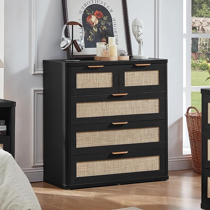 LEYAOYAO Rattan Dresser for Bedroom, 33.5" Tall Chest of Drawers, Modern 5 Drawers Boho Dressers with Storage, Light Oak Dresser Wooden Closet Organizer for Living Room, Hallway, Black