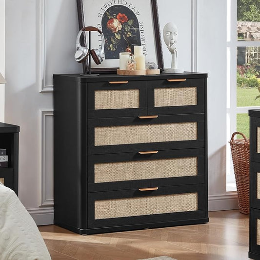 LEYAOYAO Rattan Dresser for Bedroom, 33.5" Tall Chest of Drawers, Modern 5 Drawers Boho Dressers with Storage, Light Oak Dresser Wooden Closet Organizer for Living Room, Hallway, Black