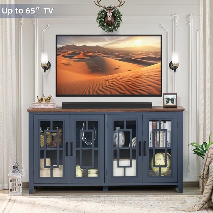 Large Sideboard Buffet Cabinet with Storage, 63" Farmhouse Navy Blue Kitchen Coffee Wine Bar Cabinet with 4 Glass Doors, Mid Century Modern Wood Side Board Table for Dining Room, Living Room