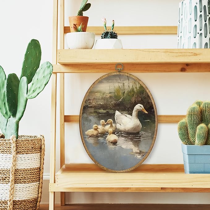 CGBHW Vintage Duck Oval Wall Art Decor, Spring Country Landscape Animal Canvas Prints Framed, Rustic Farmhouse Wall Art Hanging Decor for Home Kitchen Bedroom Living Room Decoration, 8.6x11.4 Inch
