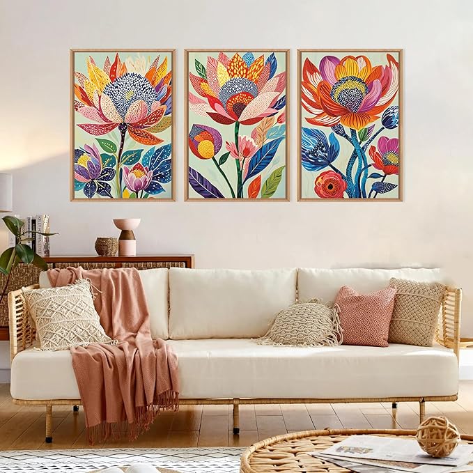 HPINUB Abstract Botanical Floral Framed Canvas Wall Art Set,Colorful Dot Art Modern Flower Wall Decor,Vibrant Blooming Flowers Artwork Eye-Catching Boho Art Print for Living Room,Bedroom-24"x36"x3