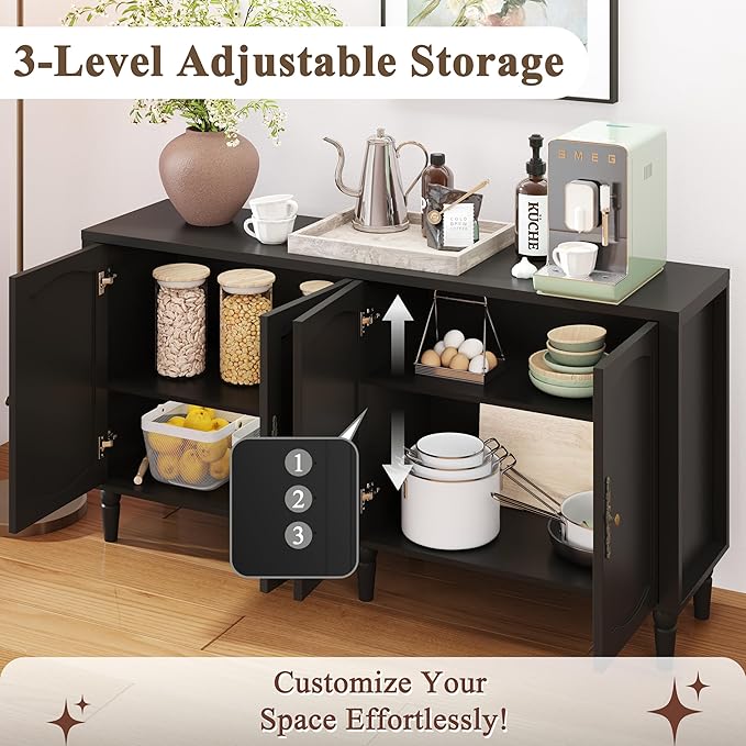 63" Sideboard Buffet Cabinet with Storage, Mid Century Modern Credenza with Adjustable Shelves & Carved Handles, Large Kitchen Buffet Table Coffee Bar for Dining Room & Living Room - Black