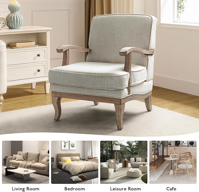 HULALA HOME Mid-Century Modern Accent Chair Set of 2, Upholstered Living Room Lounge Chair, Comfy Armchair with Solid Wood Legs & Removable Cushion, Bedroom Lounge Room Sofa Chair (Ivory)