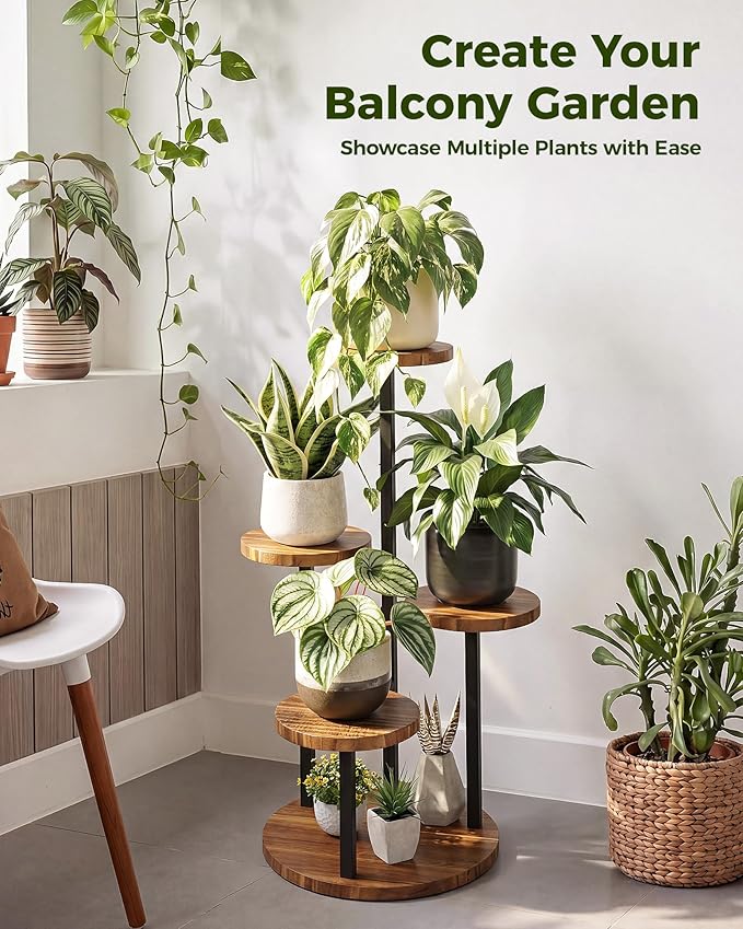 Bamworld 4 Tier Plant Stand Indoor Wood Plant Stand with Metal Frame Plant Table for Multiple Plants Tiered Plant Stands for Living Room Balcony Patio Bedroom Corner Plant Shelf Display Industrial-Style Modern Plant Stand Brown