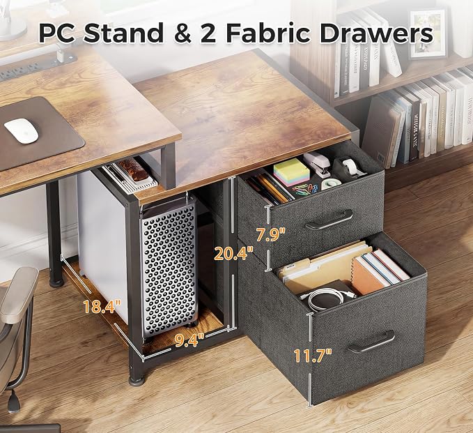 AODK Computer Desk with Printer Storage Shelf, 56 Inch Office Desk with Drawers & Power Outlet, Reversible Desk Space-Saving Workstation with Individual PC Stand, Rustic Brown