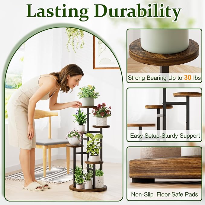 5 Tiers Wood Plant Tables Indoor Plant Stand Tall Metal Wood Plant Shelf Outdoor Indoor Plant Table Rack Tiered Plant Stand Garden Accessories for Living Room Balcony Patio - BlackRound