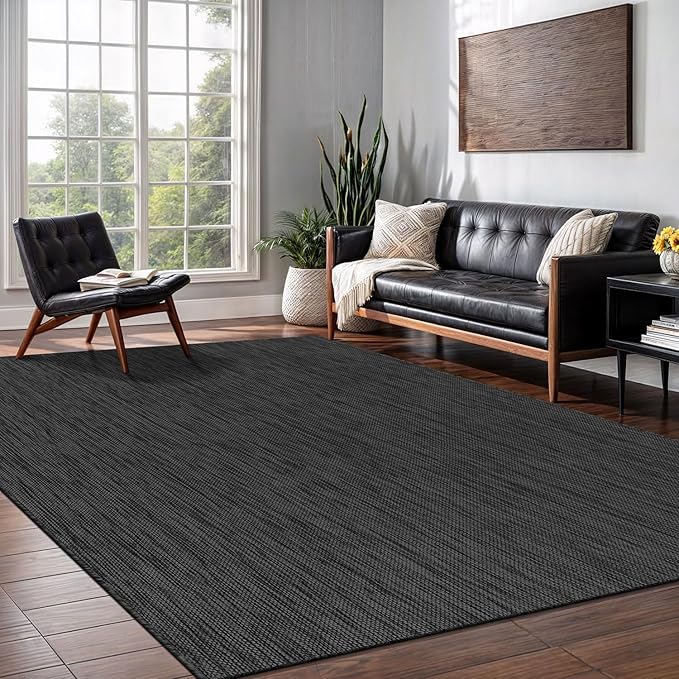 Washable Indoor Outdoor Rug 10x14 Weather Resistant Area Rugs Modern Solid for Porch Deck Balcony Backyard Patio Outside Carpet (10 X 14 Dark Grey)