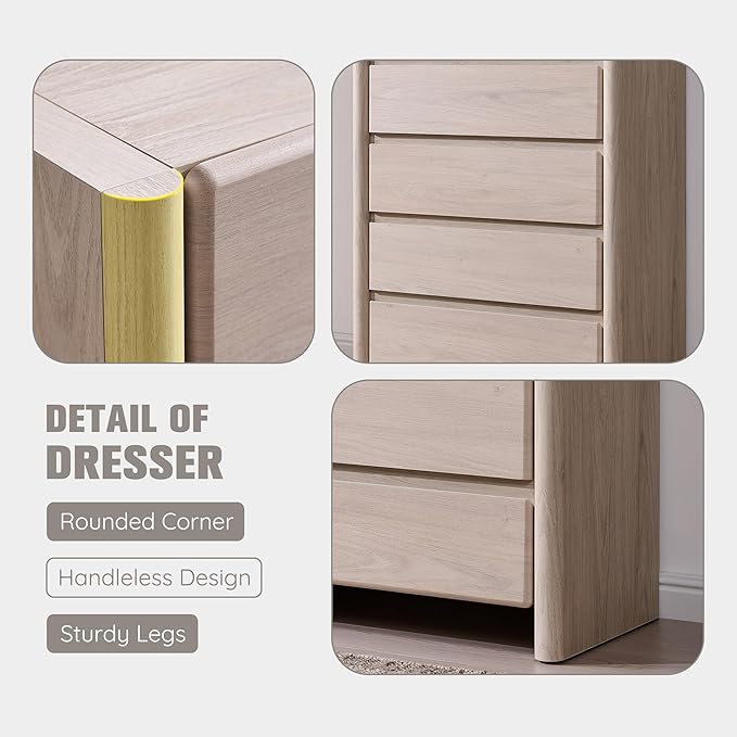 Modern 5 Drawers Dresser for Bedroom, 43" Tall Dresser & Chests of Drawers w/Rounded Corner, Wood Handleless Dresser w/Large Storage & Natural Texture for Bedroom, Living Room-Cream