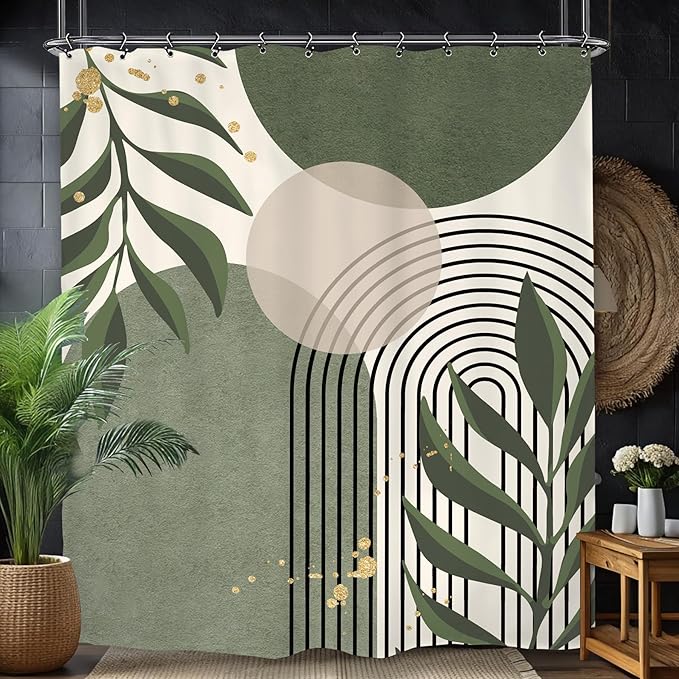 Yookeb Abstract Sage Green Bathroom Shower Curtain 60W by 71H Inch Modern Minimalist Mid Century Plant Leaves Aesthetic Neutral Geometric Contemporary 12 Plastic Hooks Waterproof Decor