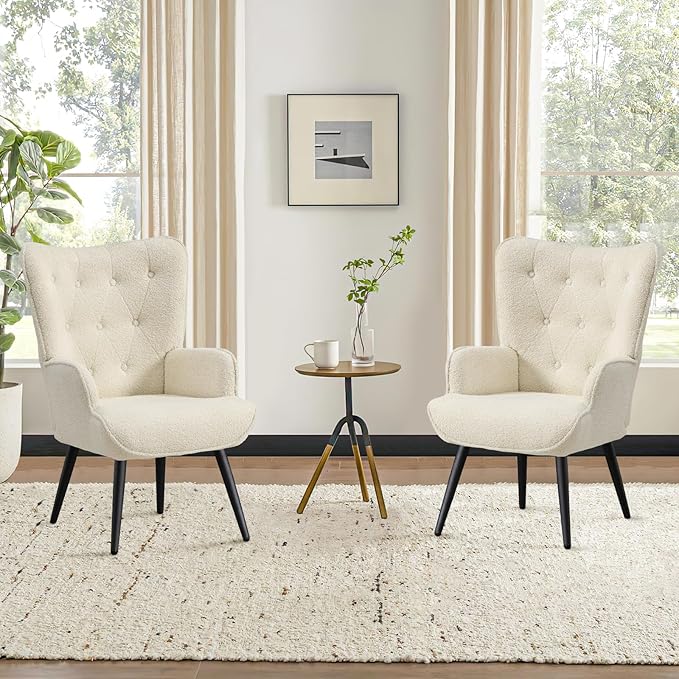 Furniliving Boucle Accent Chair for Living Room, Upholstered Reading Chair with High Backrest, Tufted-Button Wingback Armchair for Bedroom, Dressing Room, Home Office, Ivory White