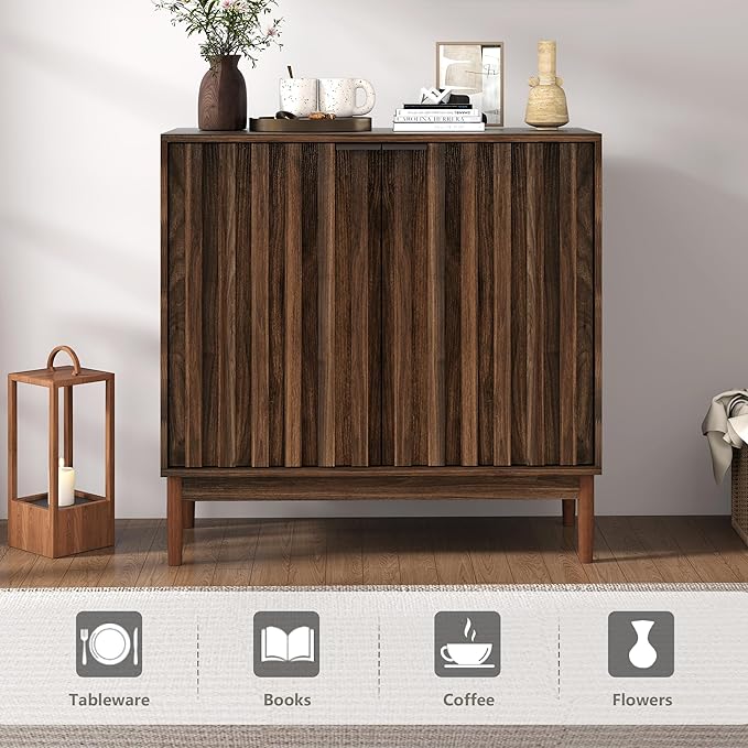 Fluted Cabinet with Storage, Buffet Cabinet Sideboard with Door, Kitchen Buffet Storage Accent Cabinets with Adjustable Shelves for Living Room, Entry, Hallway, Brown, Walnut