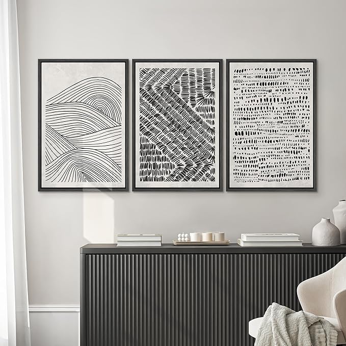SIGNWIN Framed Canvas Print Wall Art Set Black Pastel Geometric Landscape Abstract Shapes Cozy Neutral Modern Art Decorative Boho Relax/Zen Nordic for Living Room, Bedroom, Office - 24"x36"x3 Black