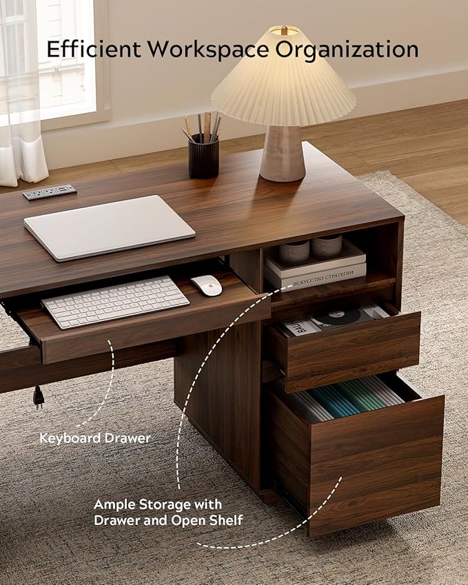 EYYTHUNG 59" Office Desk, Farmhouse Wide Home Executive Desk with File Drawer & Open Storage & Power Outlet, Wooden Computer Desk for Study Writing, Brown