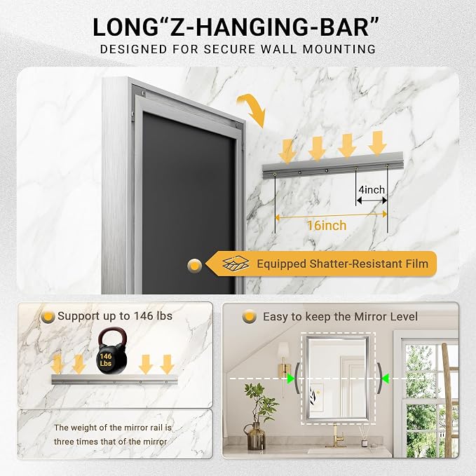 60'' x 36'' Large Beveled Silver Bathroom Vanity Mirror, Shatterproof Rectangle Silver Metal Framed Mirror for Bathroom Wall, Anti-Rust Wall-Mounted Mirror