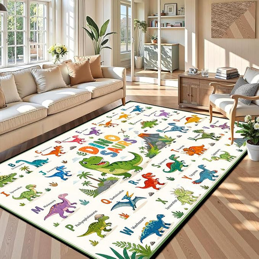 6'x9' Dinosaur Area Rug ABC Alphabet Educational Rugs for Bedroom Living Room Nursery Kitchen Playroom Home Decor Washable Cute Cartoon Dinosaur Floor Mat Carpet