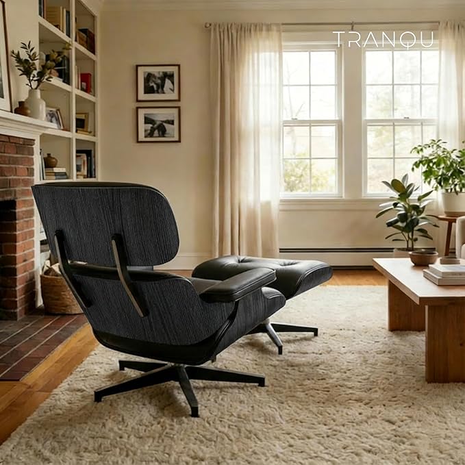 Mid-Century Genuine Top Grain Leather Chaise Lounge Chair & Ottoman, Black Ash Wood Base, Modern Heavy Duty Support for Home & Office