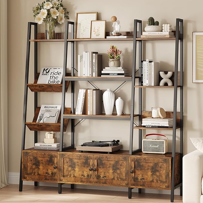 kepptory Large Ladder Bookshelf with 3 Storage Cabinets, Triple Wide 4-Tier Open Bookcase with Storage for Living Room, Bedroom, Home Office, Rustic Brown