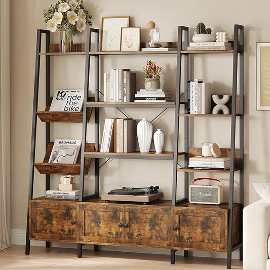 kepptory Large Ladder Bookshelf with 3 Storage Cabinets, Triple Wide 4-Tier Open Bookcase with Storage for Living Room, Bedroom, Home Office, Rustic Brown